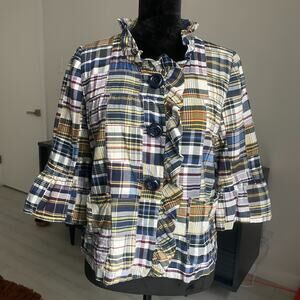 90s J. Crew Women's 6 Rainbow Madras Plaid Ruffled Swing 1/4 Sleeve Jacket